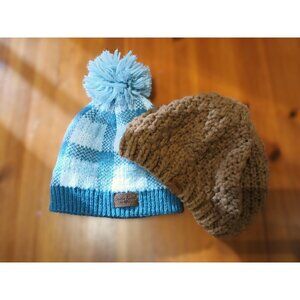 Britt's Knits Beanie Hat Lot of 2 Sweater Weather Pom Plaid Everyday Beret Brown